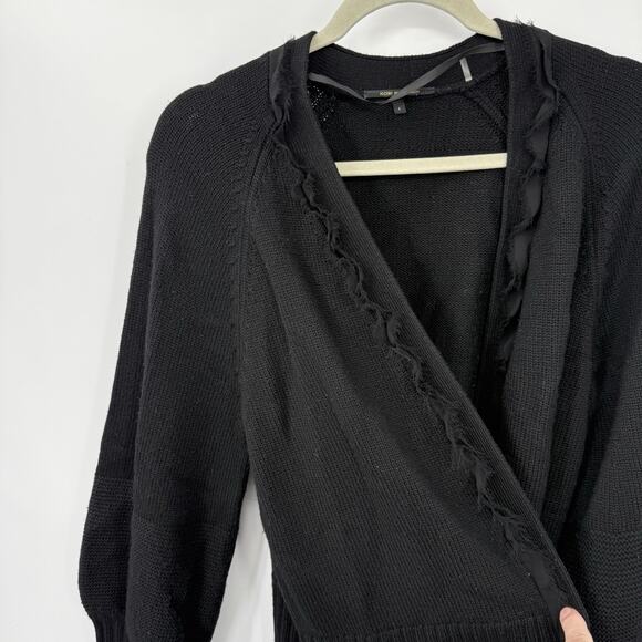 Kobi Halperin Wool Cardigan Large Black Open Long Puff Sleeves Fringe Trim Shrug - Picture 10 of 14